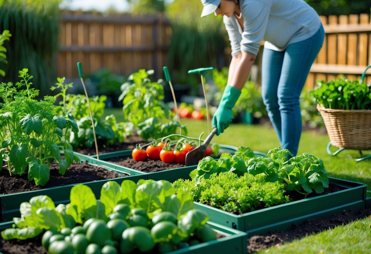 A person tending to a variety of vegetable plants growing in raised garden beds in a sunny backyard.