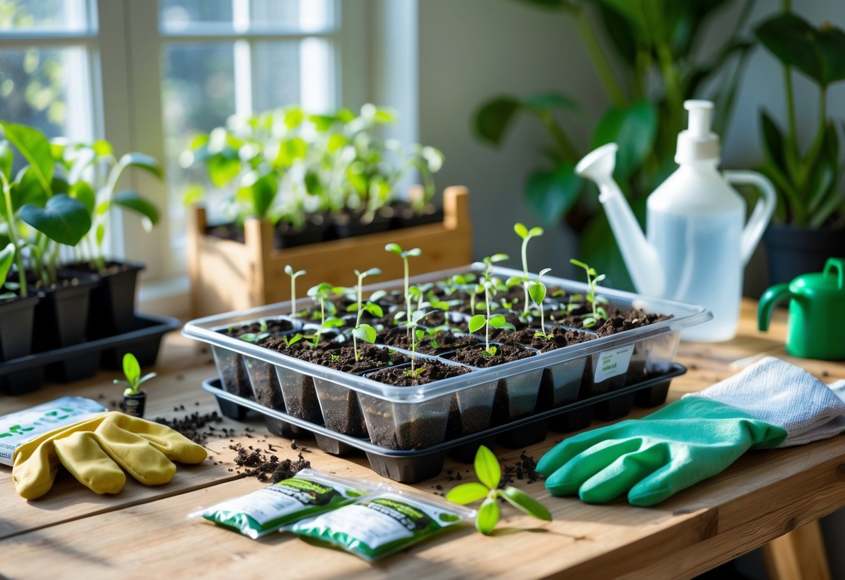 Indoor gardening setup with seed trays containing small seedlings on a wooden table near a sunlit window.