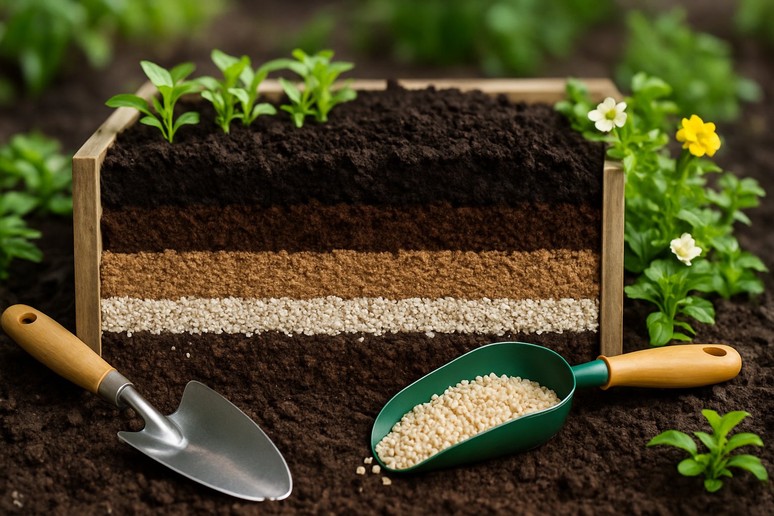 Cross-sectional view of a raised garden bed showing different layers of soil and organic matter with gardening tools and young plants around it.