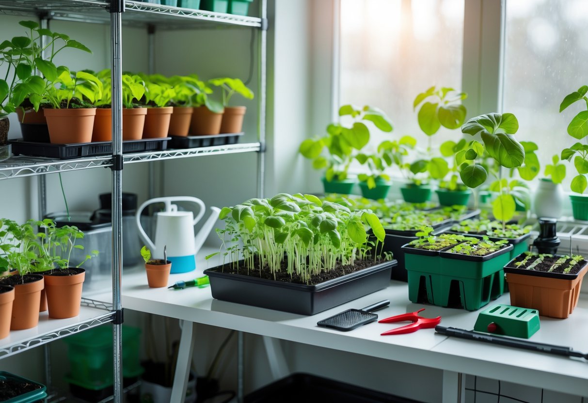 Indoor growing setup with small containers and healthy green plants arranged neatly in a compact space near a window.