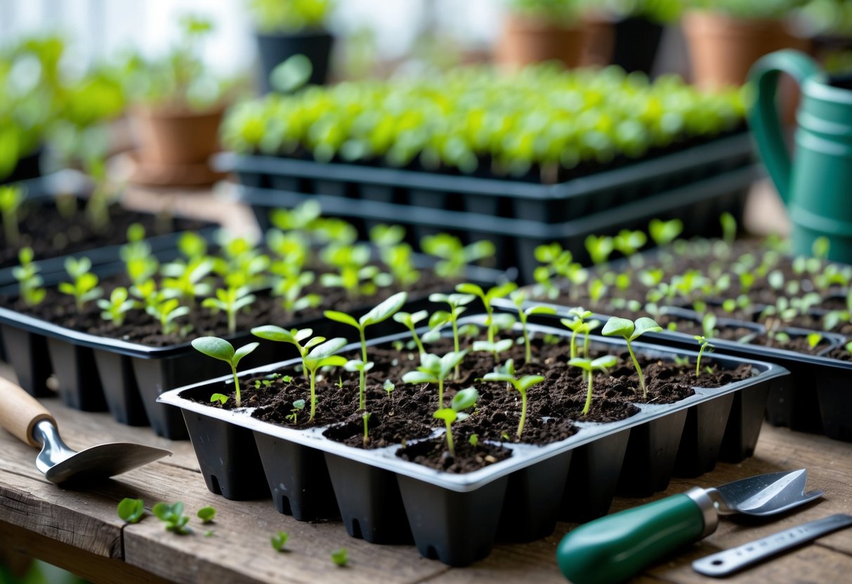 Close-up of seed starting trays with soil and young seedlings on a wooden table, surrounded by gardening tools.