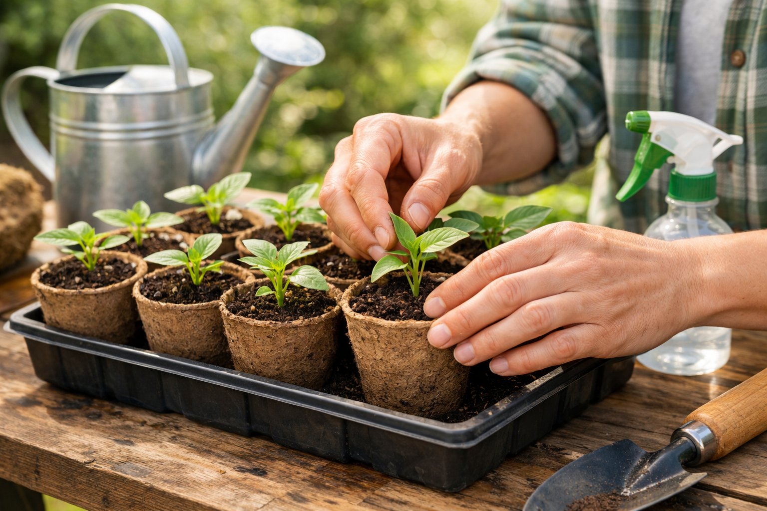 Hands preparing small seedlings in biodegradable pots outdoors on a wooden table with gardening tools nearby.