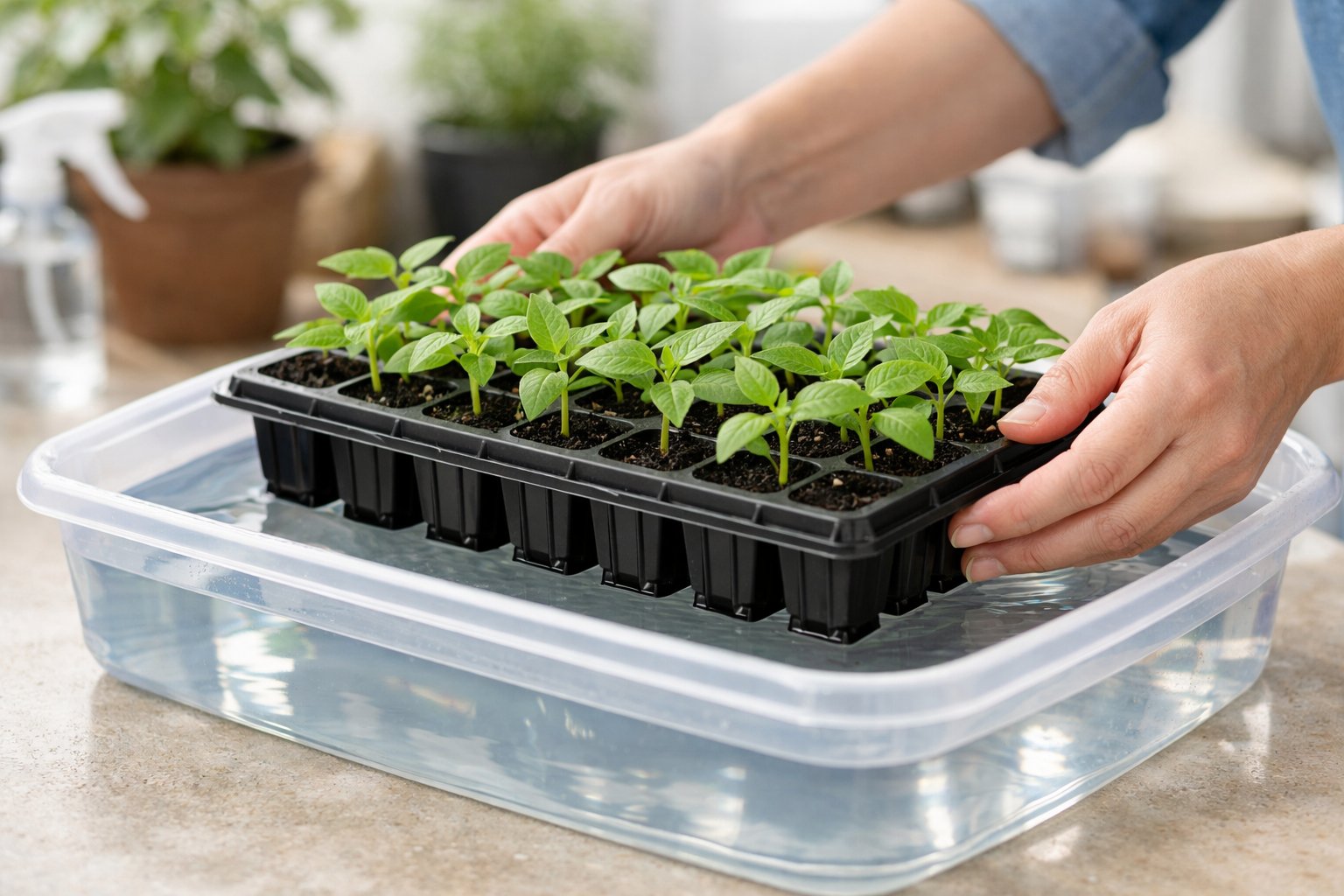 Hands placing a seedling tray into a shallow water container to water young plants from the bottom.
