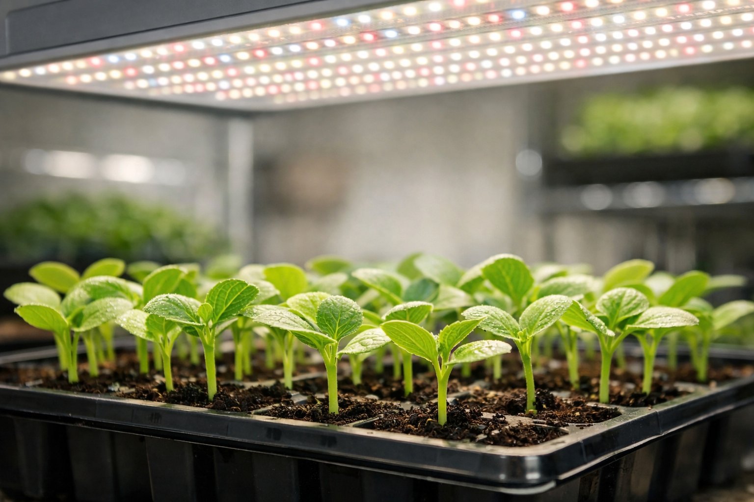 Close-up of healthy green seedlings growing under a modern LED grow light in an indoor gardening setup.