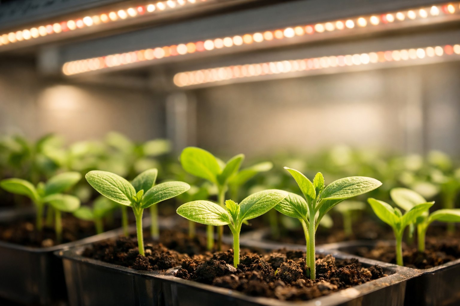 Close-up of healthy green seedlings growing indoors under artificial grow lights.