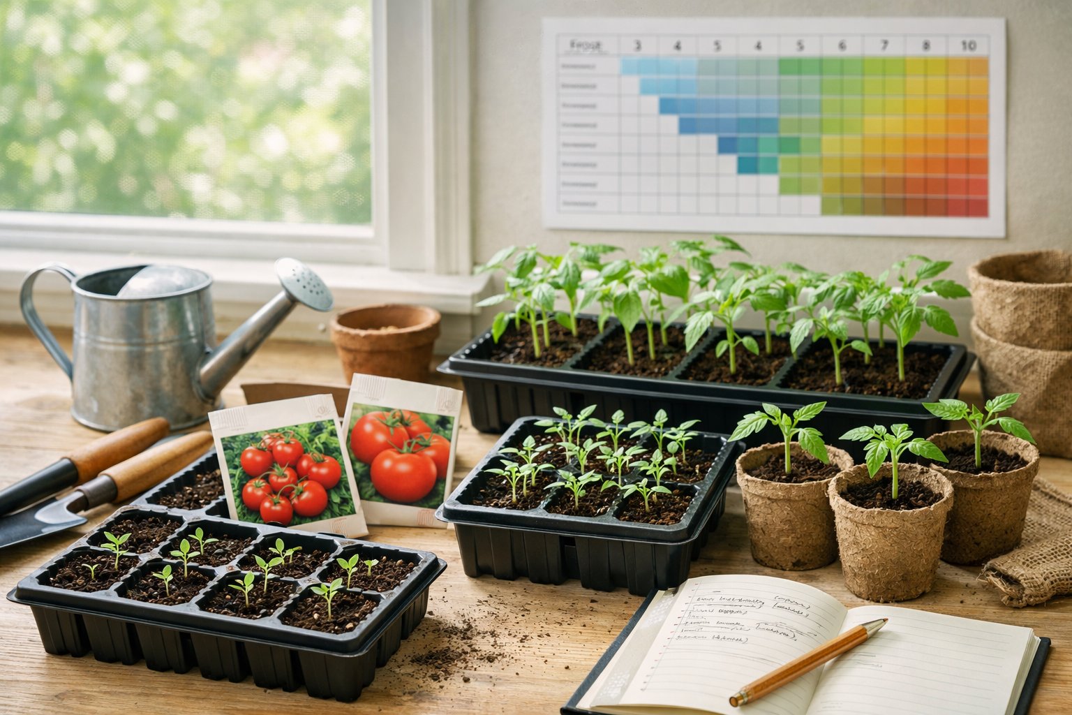 Young tomato seedlings growing indoors on a windowsill with gardening tools and a calendar in the background.