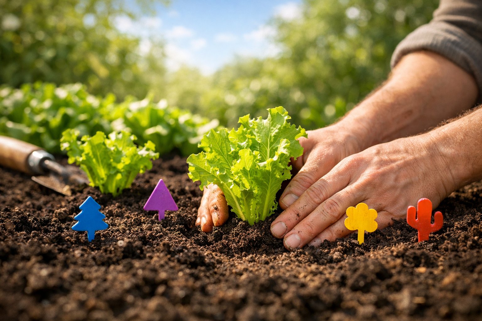 Hands planting young lettuce seedlings in soil outdoors with greenery and clear sky in the background.