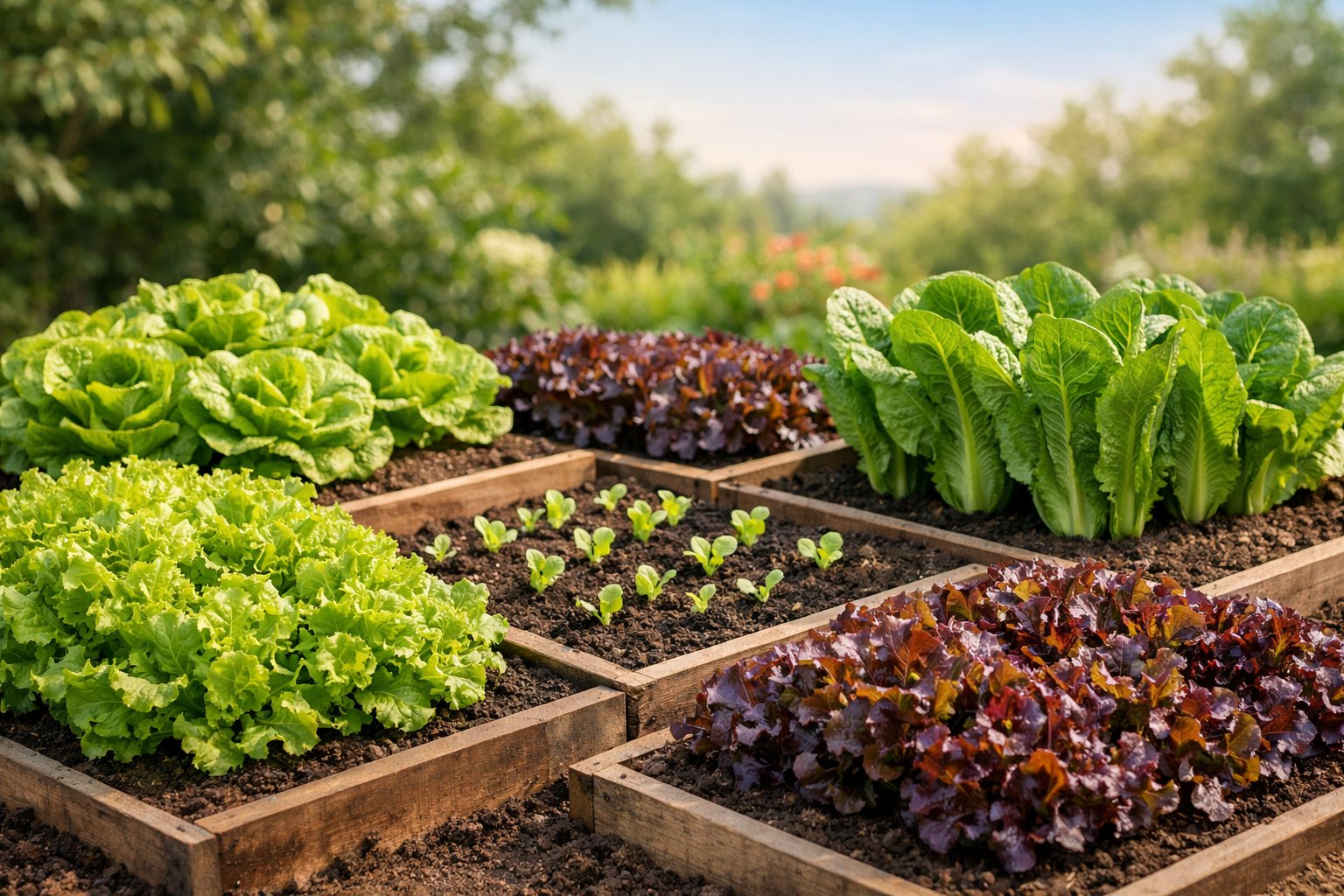 Various types of fresh lettuce growing in raised garden beds outdoors under natural sunlight.