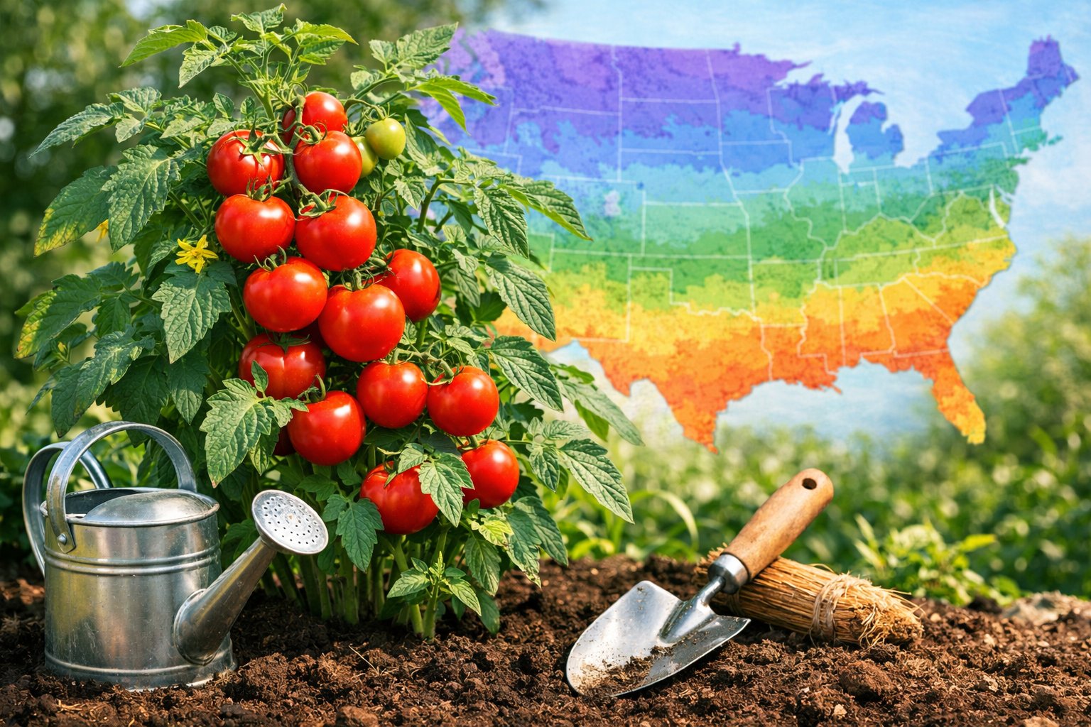 A healthy tomato plant with ripe red tomatoes in a garden, with a color-coded map of plant hardiness zones in the background and gardening tools nearby.