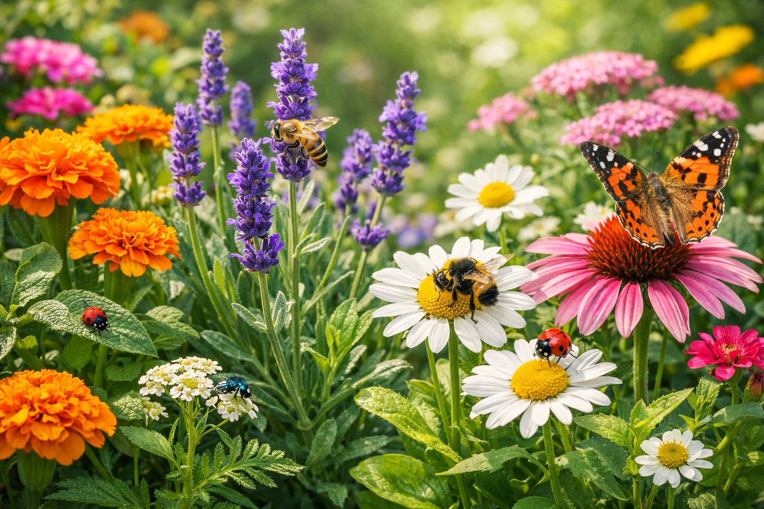 A garden with various flowering plants attracting beneficial insects like bees, ladybugs, and butterflies.
