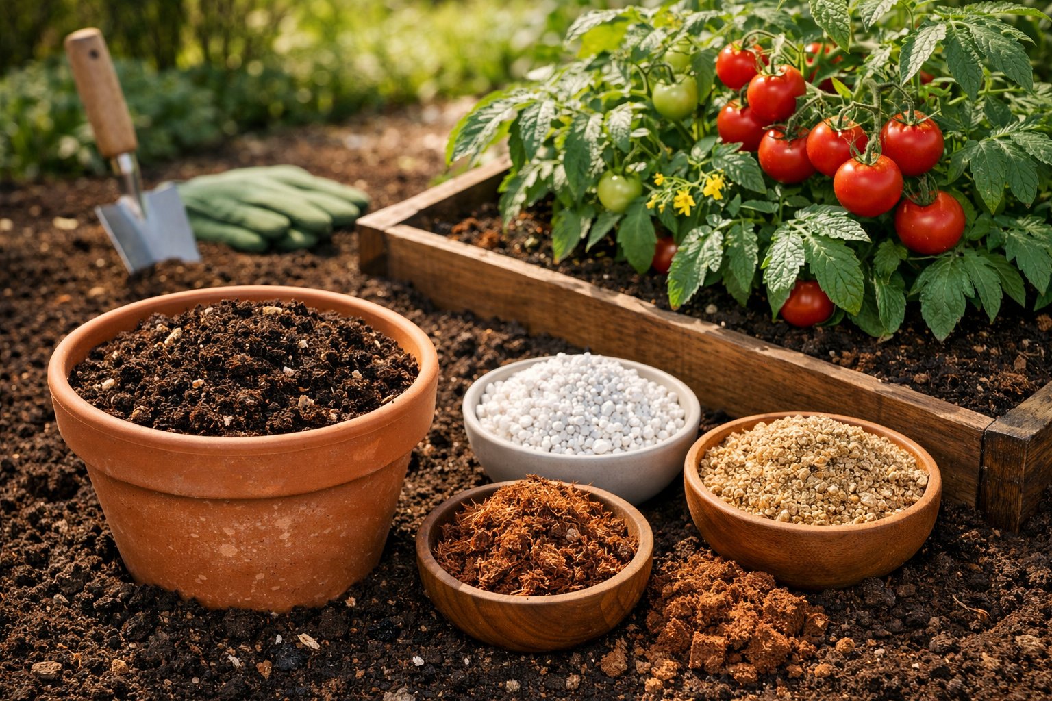 A garden scene with a terracotta pot filled with soil, a raised bed with healthy tomato plants and ripe tomatoes, and various natural soil ingredients arranged nearby.