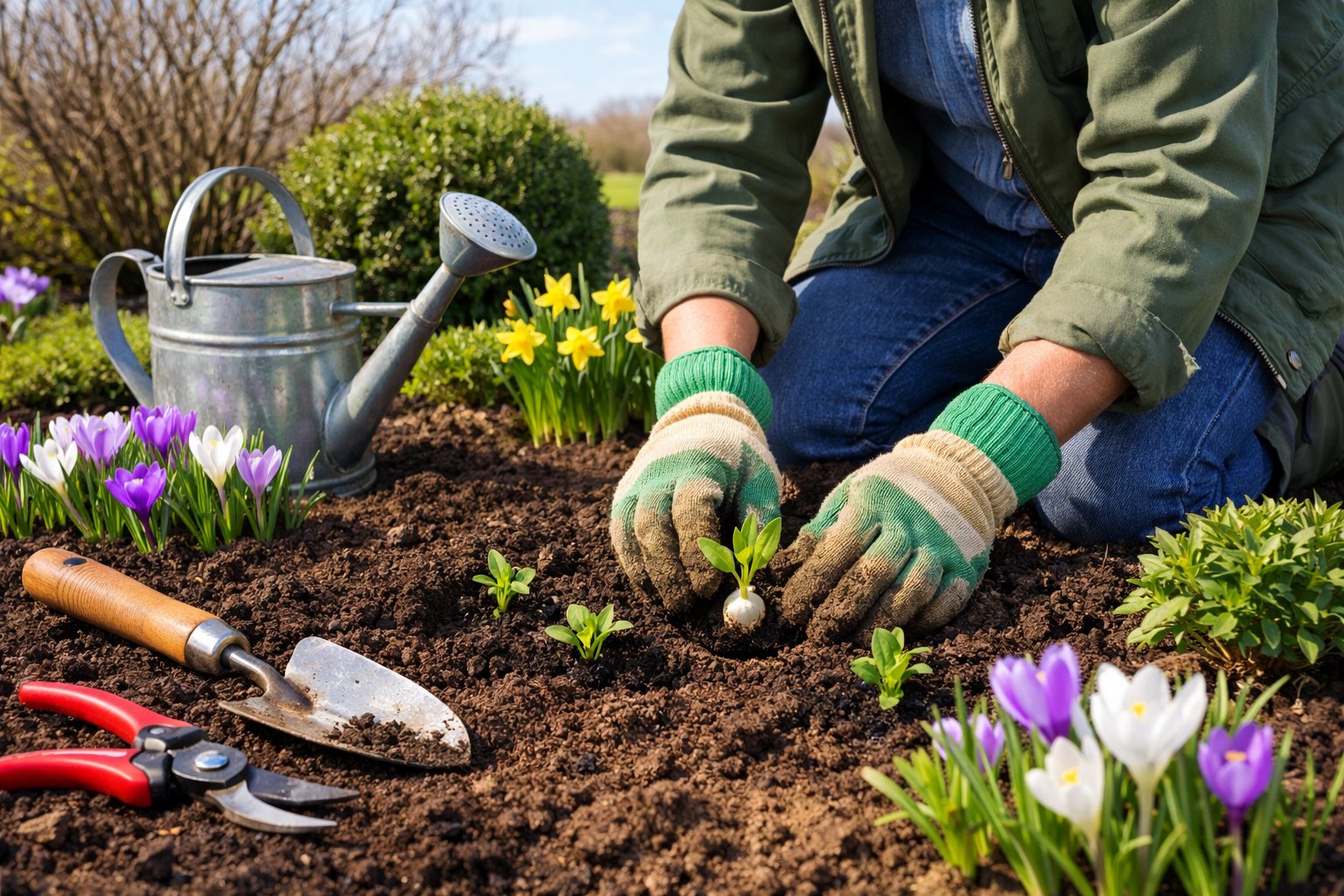 A gardener planting seedlings in a garden with blooming early spring flowers and freshly turned soil.