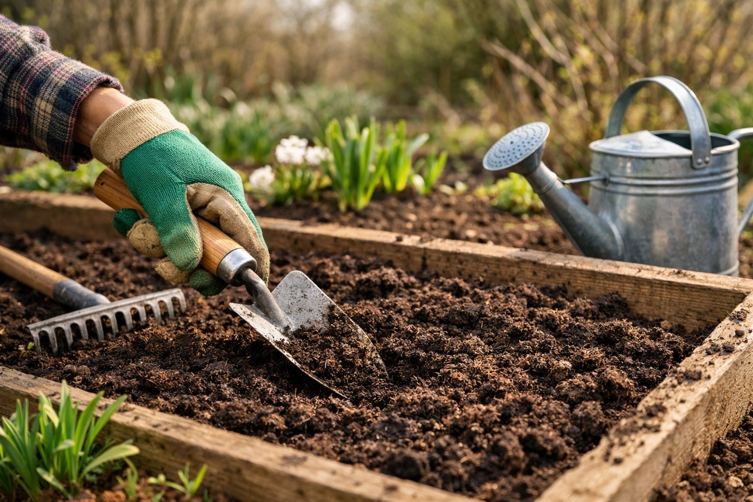 Hands preparing soil in a garden bed with gardening tools nearby and early spring plants in the background.