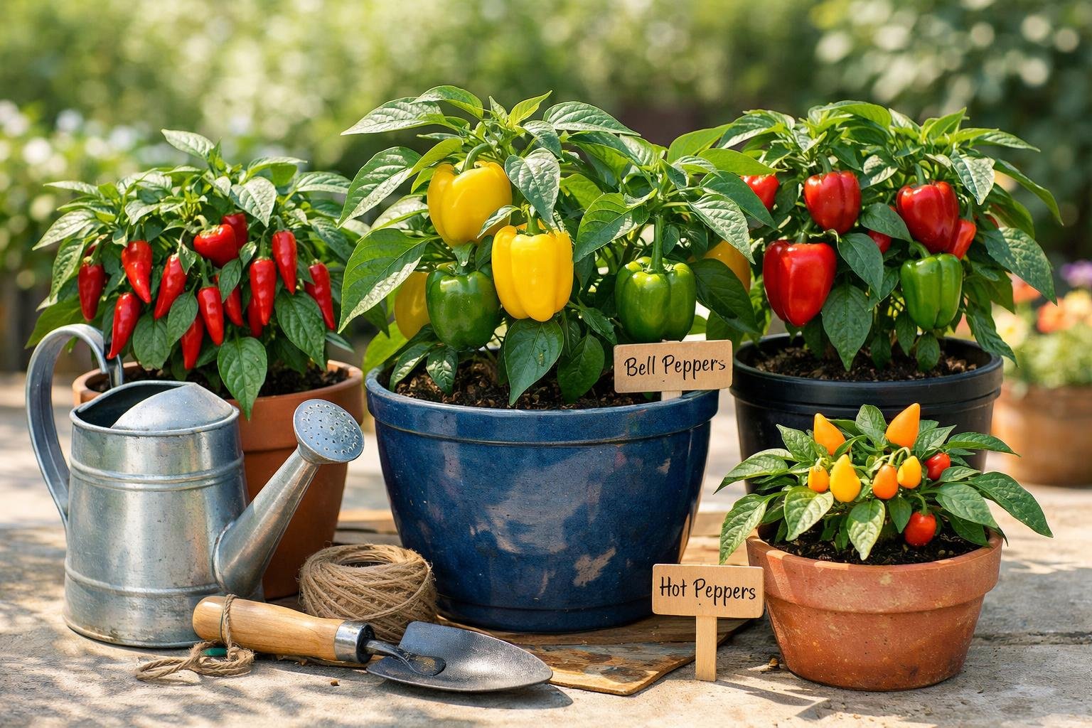 Various pepper plants with colorful peppers growing in containers on a sunny patio with gardening tools nearby.