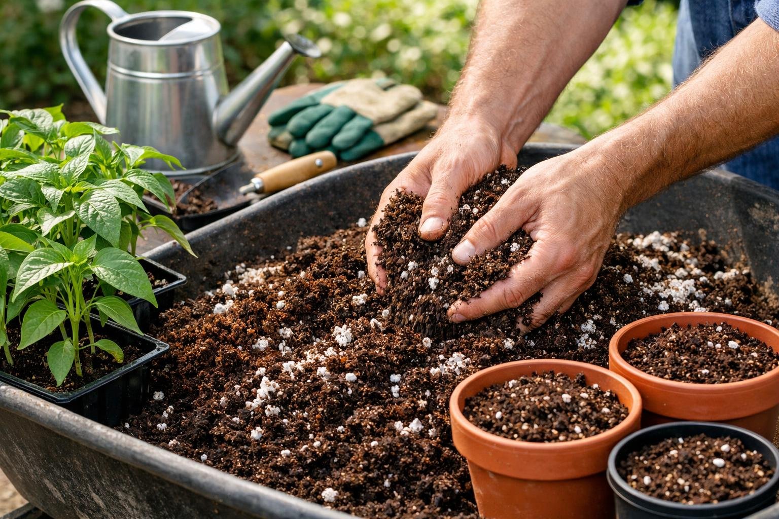 Hands mixing soil and compost in a container with pepper seedlings and gardening tools nearby.