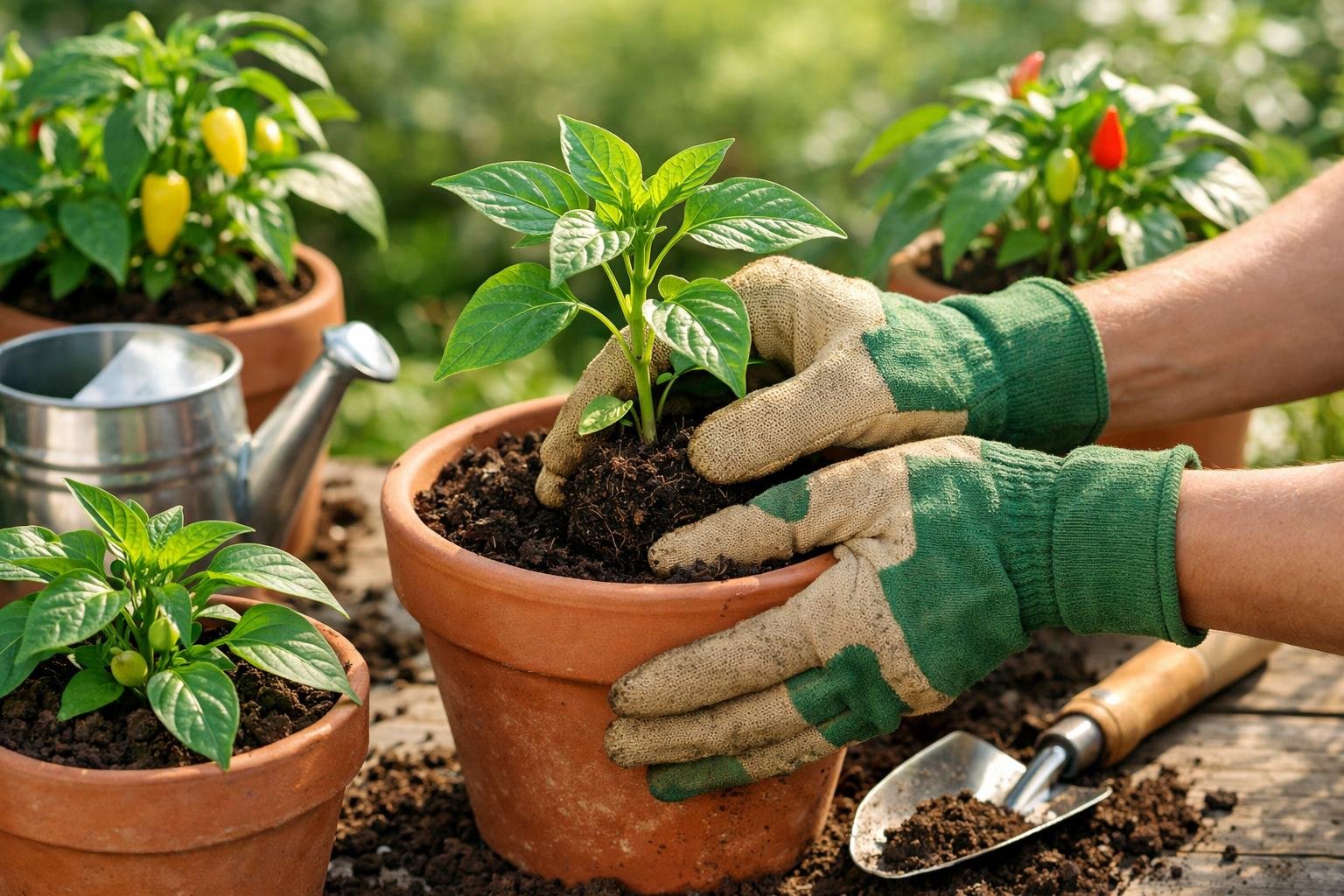 Hands transplanting young pepper plants into pots filled with soil in an outdoor garden setting.