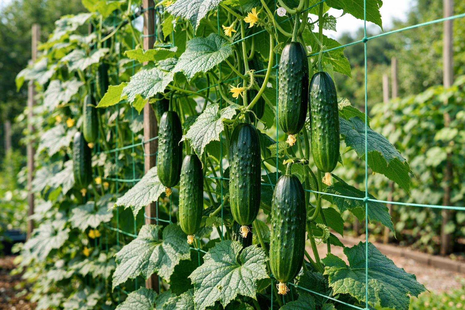 Cucumber plants growing vertically on trellises with ripe cucumbers hanging among green leaves in a garden.