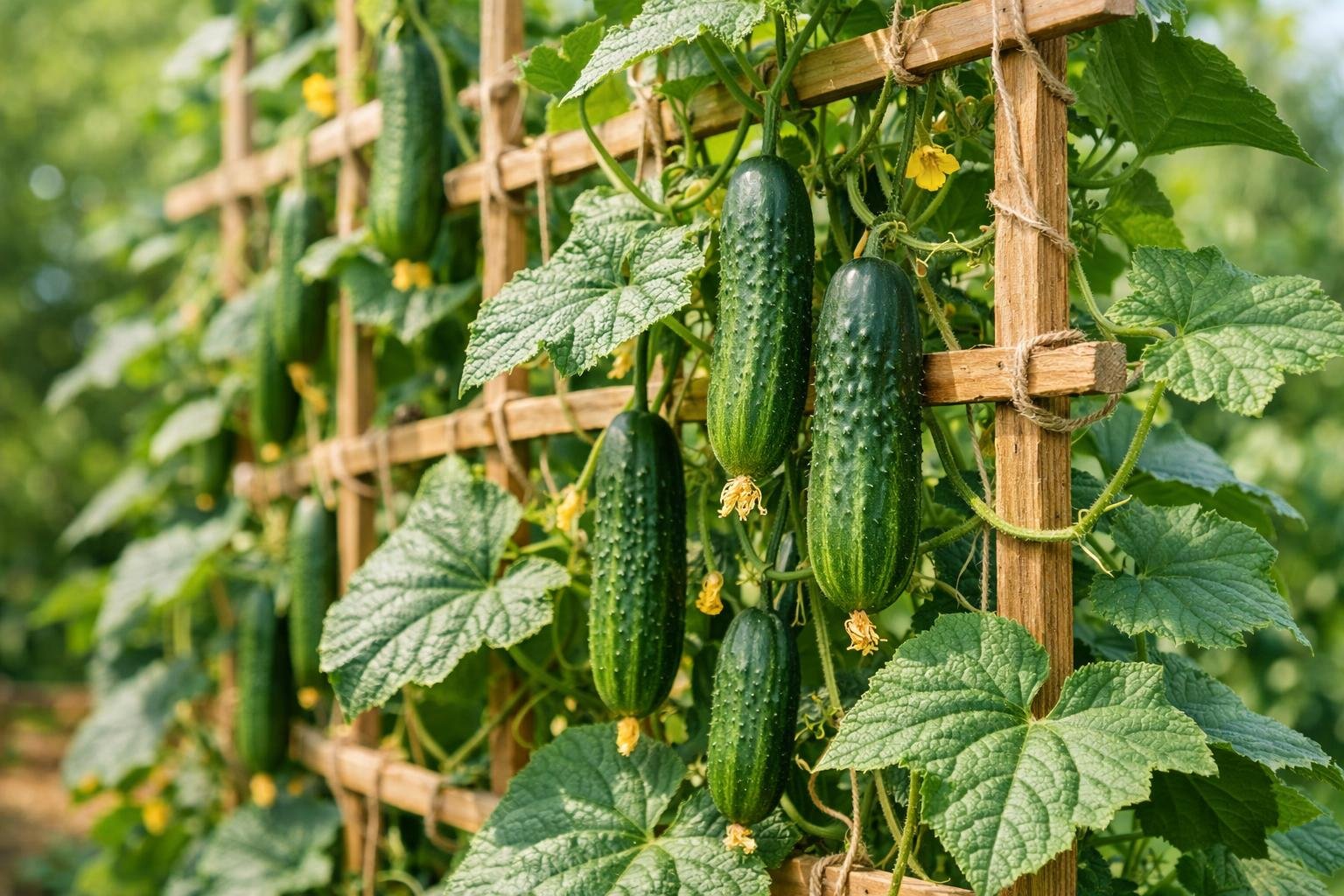 Cucumber plants growing vertically on wooden trellises with green cucumbers and leaves in an outdoor garden.