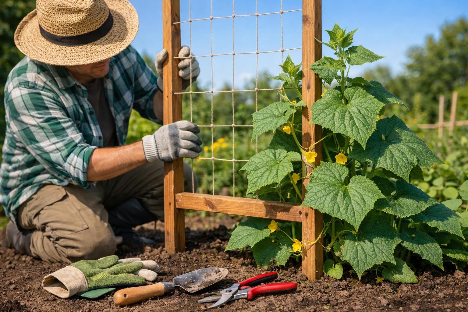 A gardener setting up a wooden trellis for cucumber plants growing in a sunny garden.
