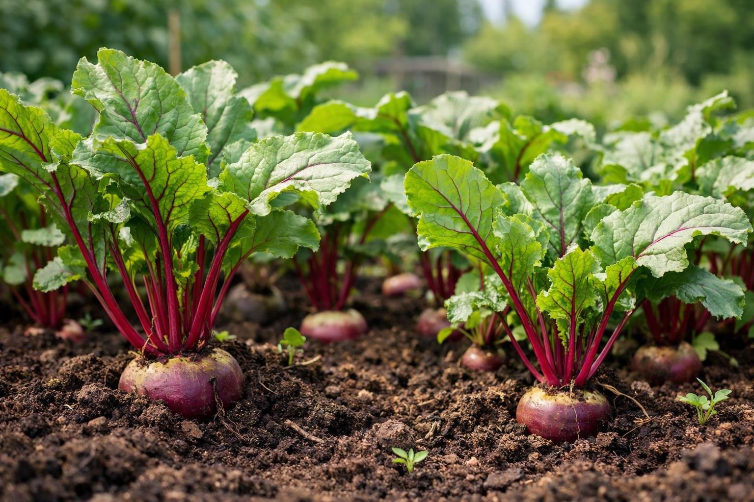 A close-up of beet plants growing in a garden with green leaves and dark soil under natural daylight.