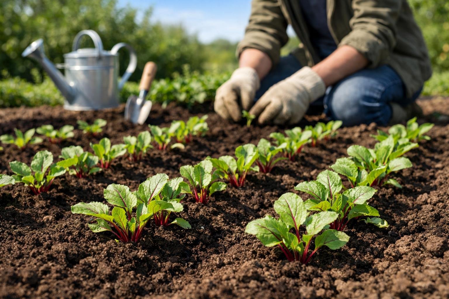 A gardener planting young beet plants in a vegetable garden with green leaves and rich soil under a clear sky.