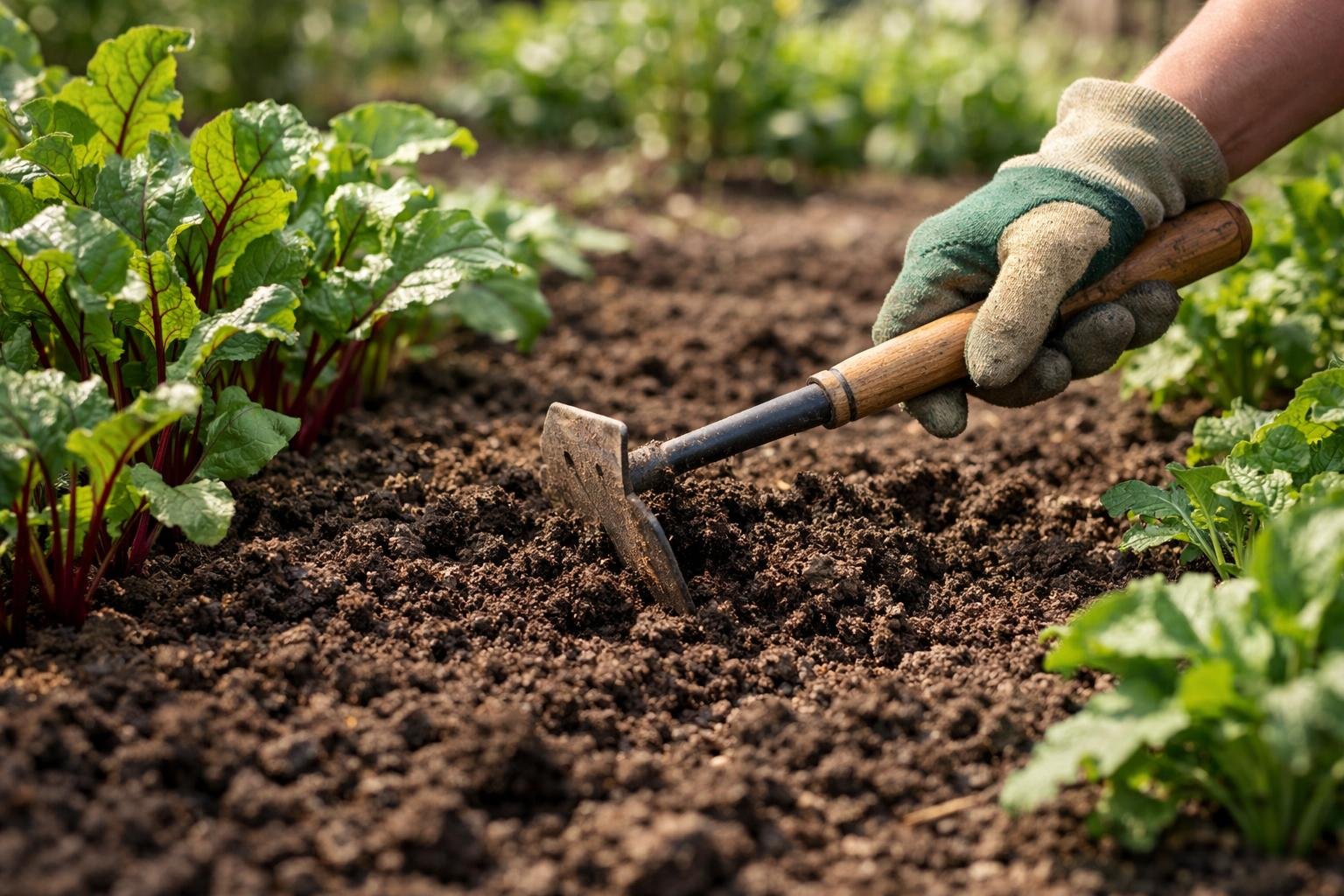 A gardener preparing soil with a trowel in a vegetable garden bed ready for planting beets.
