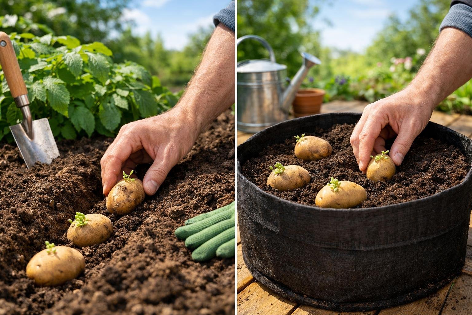 Hands planting seed potatoes in soil both in a garden bed and a container, surrounded by green plants and gardening tools.