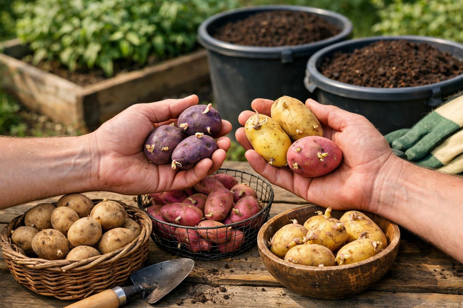Hands holding different seed potatoes with garden beds and containers filled with soil in the background.