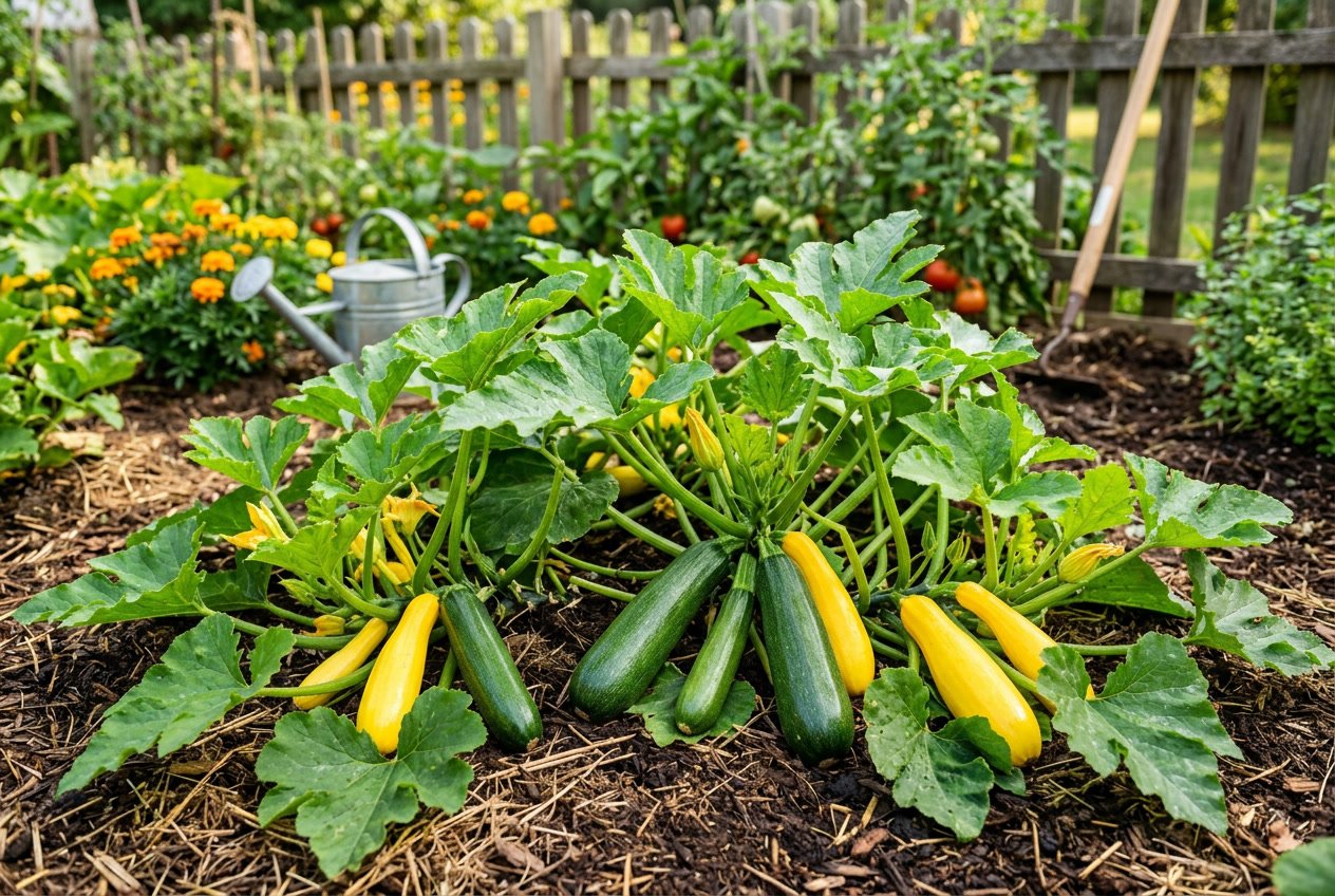 A garden with healthy zucchini and summer squash plants growing on vines with green leaves in natural sunlight.