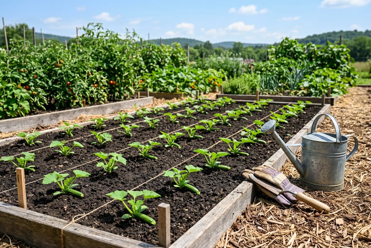A garden plot with young zucchini and summer squash plants growing in neat rows, surrounded by gardening tools and green foliage.