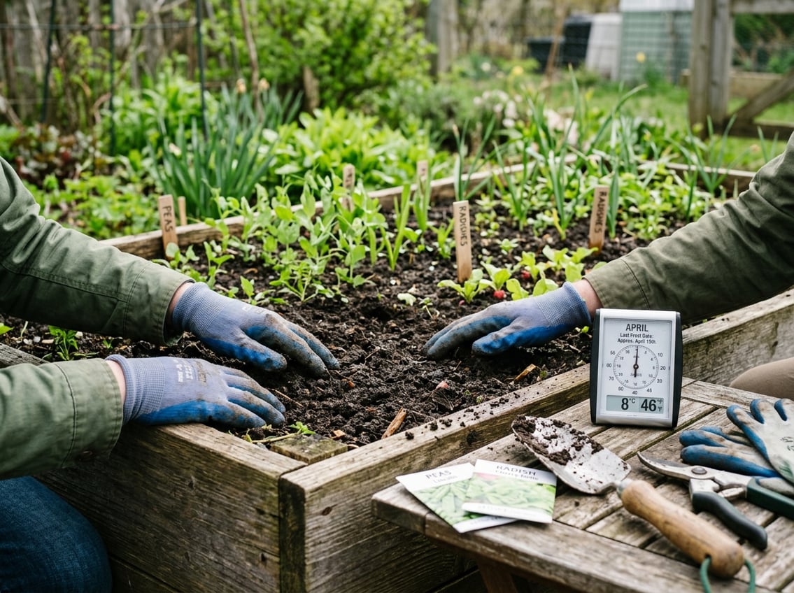 Hands examining soil in a garden bed with gardening tools and young plants in early spring.