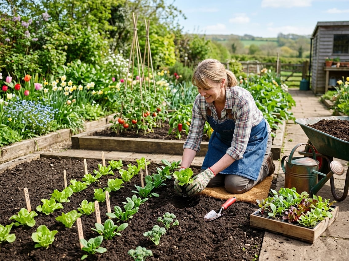A person planting cool-season crops in a garden with young plants and gardening tools under a clear sky.