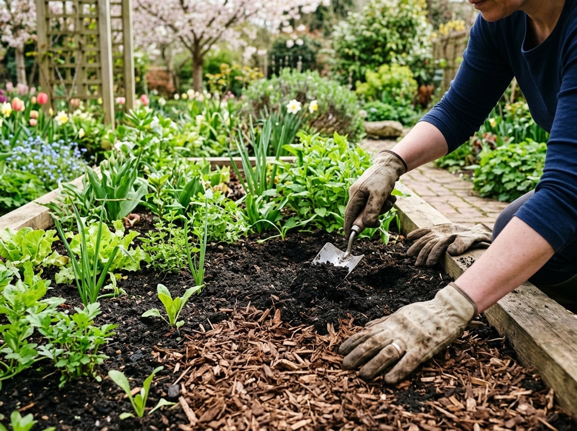Hands preparing garden beds by feeding soil and spreading mulch among young plants in a spring garden.