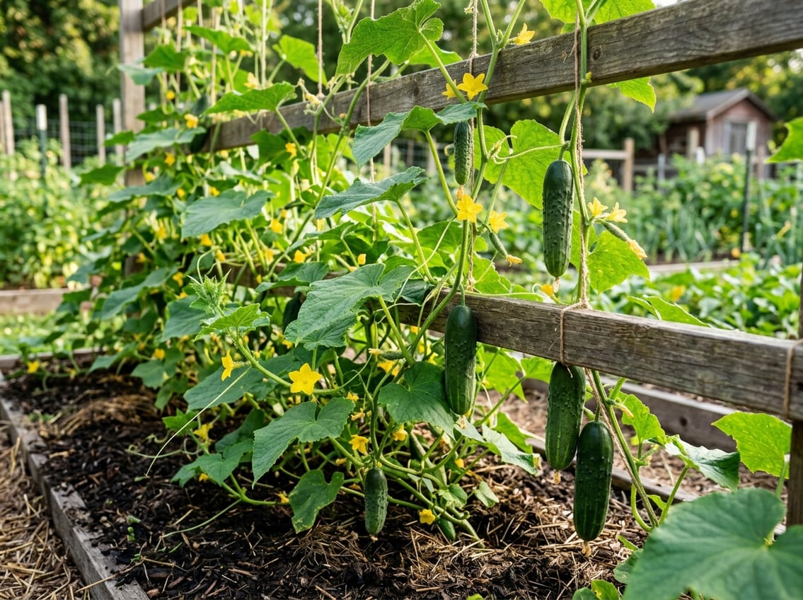 Cucumber plants with green leaves, yellow flowers, and developing cucumbers growing on a trellis in a garden.