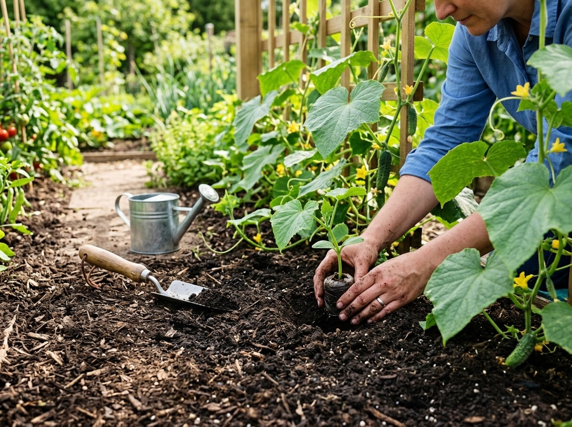 Hands planting cucumber seedlings in a garden with healthy cucumber plants and gardening tools nearby.