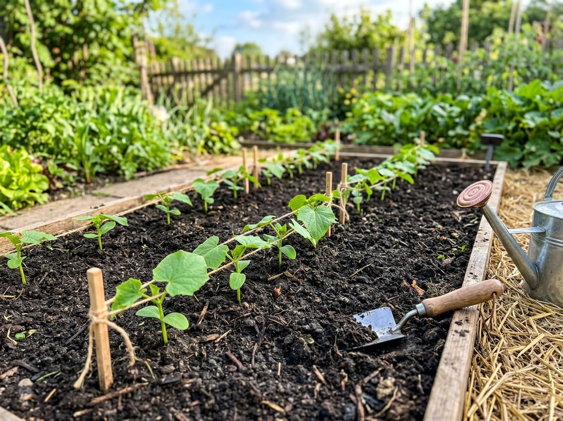 A garden bed with rich soil and young cucumber plants growing, surrounded by gardening tools and wooden stakes.
