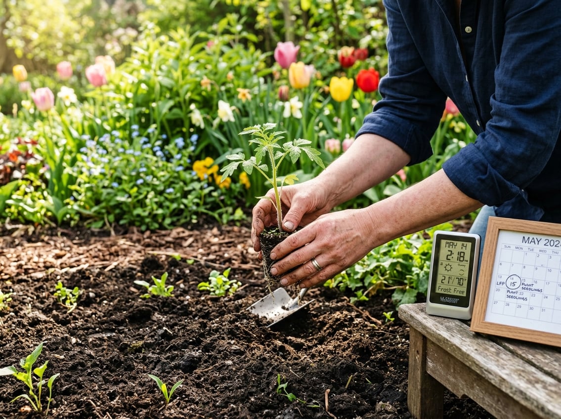 Hands holding a small seedling over dark soil with young sprouts and gardening tools nearby in a sunny spring garden.