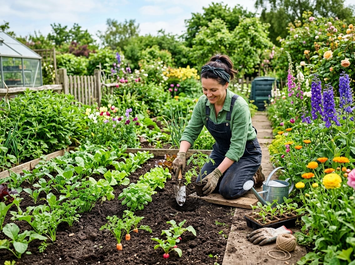 A gardener planting young seedlings in a vibrant garden with healthy plants and bright sunlight.